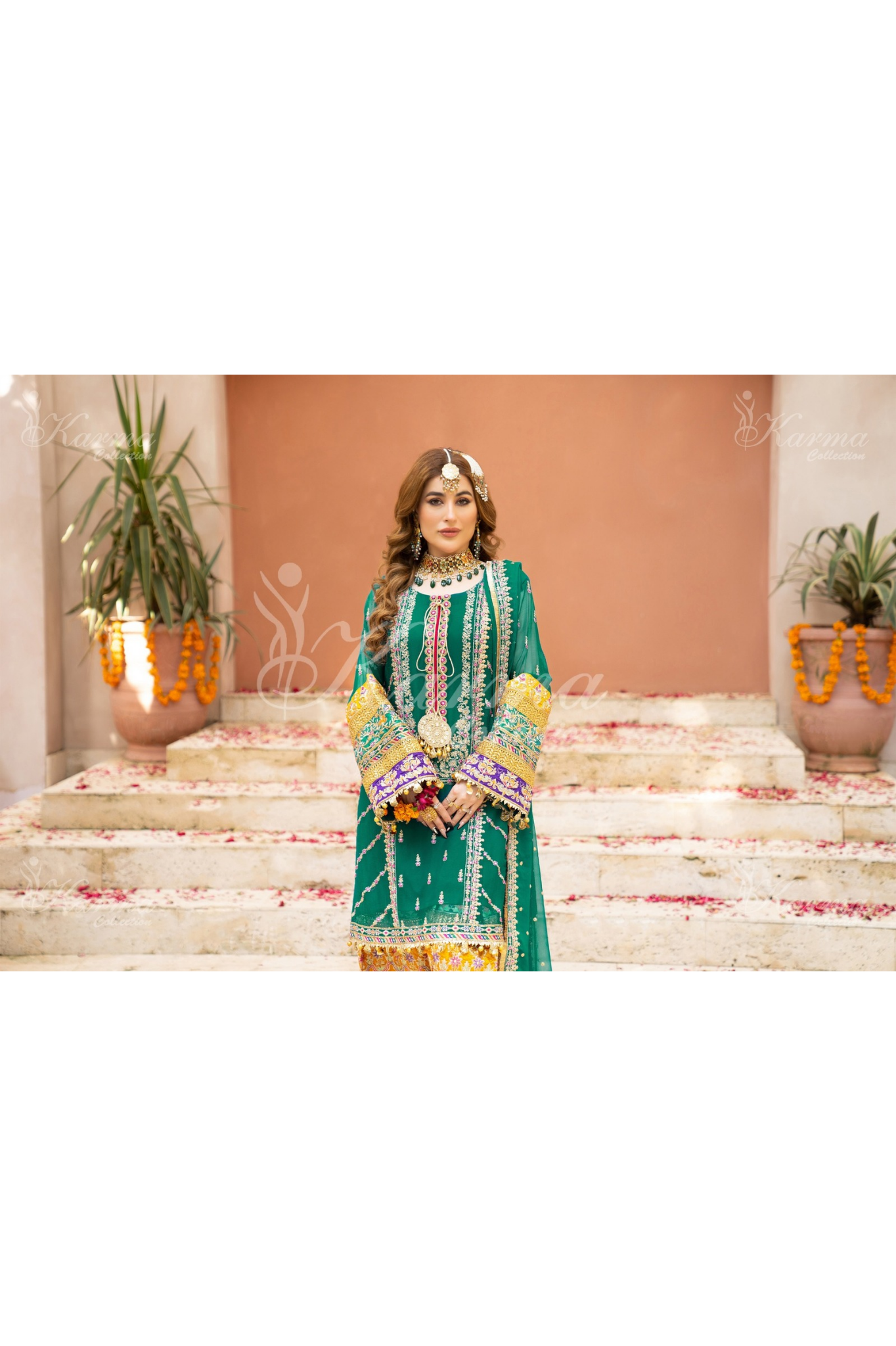 Teal Green Embroidered Chiffon 3 Pc Shalwar Plazo | Wedding Wear | Karma Collection