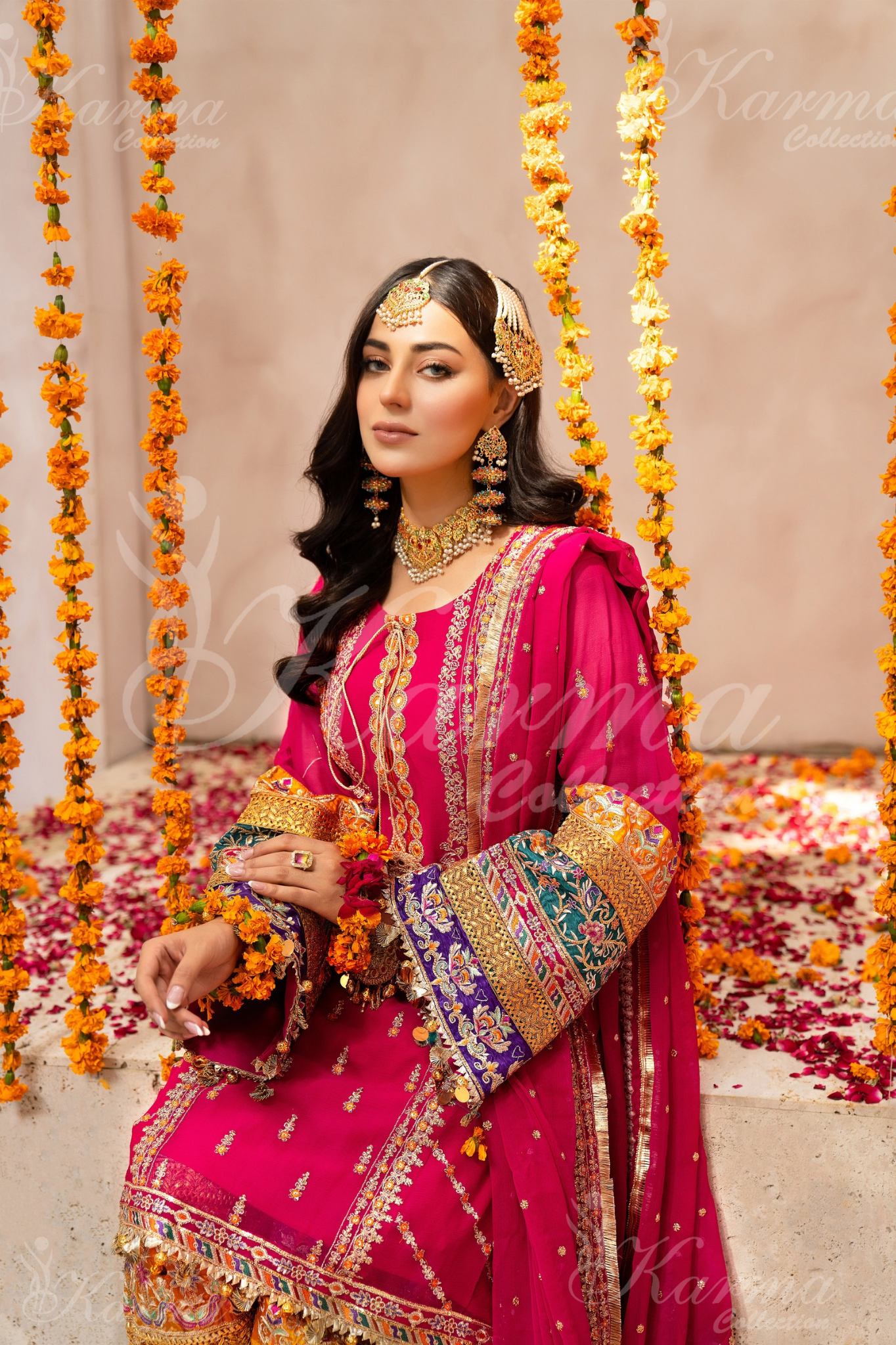 Shocking Pink Embroidered Chiffon 3 Pc Shalwar Plazo | Wedding Wear | Karma Collection