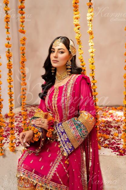Shocking Pink Embroidered Chiffon 3 Pc Shalwar Plazo | Wedding Wear | Karma Collection
