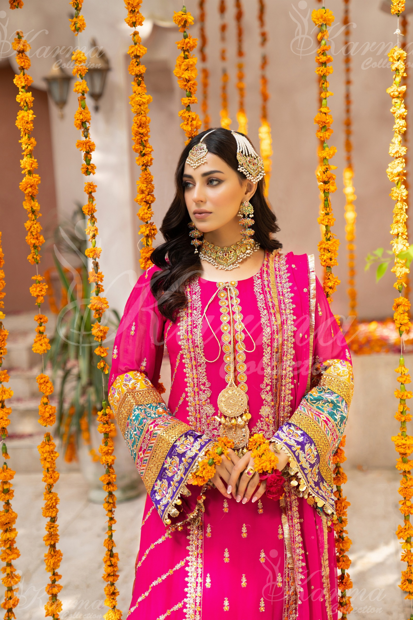 Shocking Pink Embroidered Chiffon 3 Pc Shalwar Plazo | Wedding Wear | Karma Collection