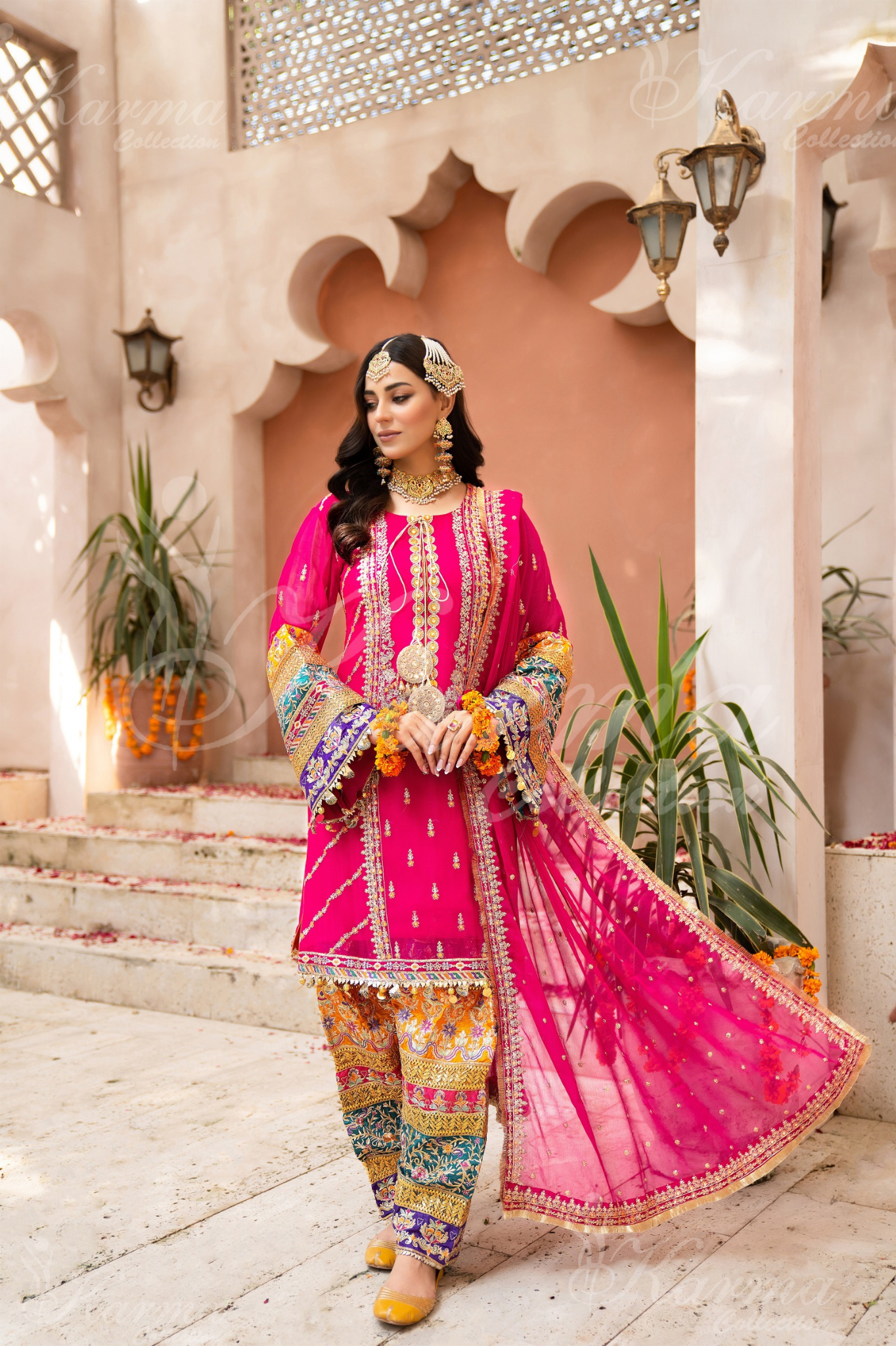 Shocking Pink Embroidered Chiffon 3 Pc Shalwar Plazo | Wedding Wear | Karma Collection