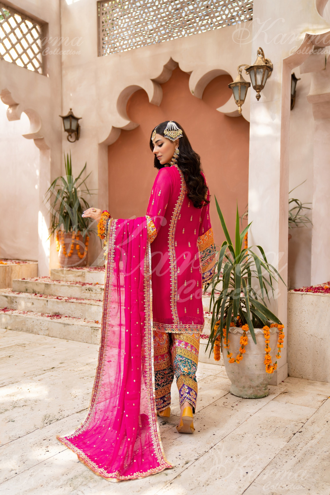 Shocking Pink Embroidered Chiffon 3 Pc Shalwar Plazo | Wedding Wear | Karma Collection
