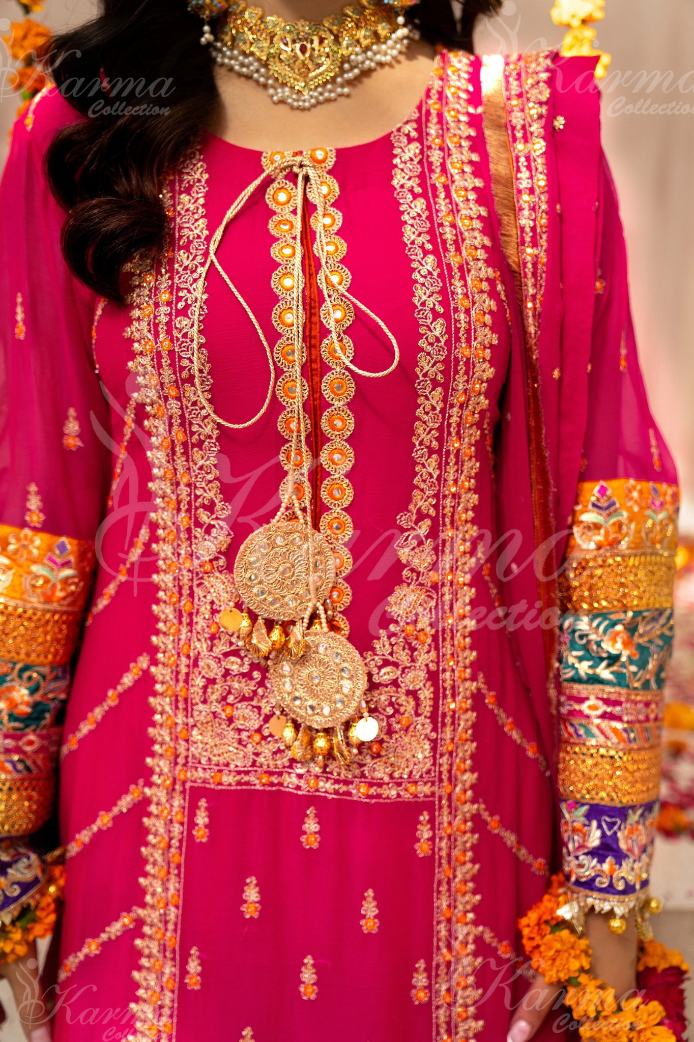 Shocking Pink Embroidered Chiffon 3 Pc Shalwar Plazo | Wedding Wear | Karma Collection
