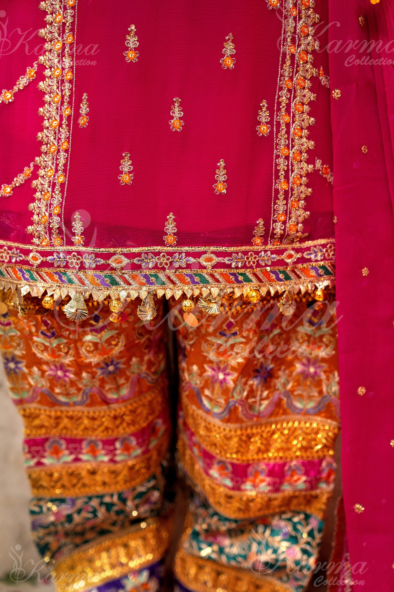Shocking Pink Embroidered Chiffon 3 Pc Shalwar Plazo | Wedding Wear | Karma Collection