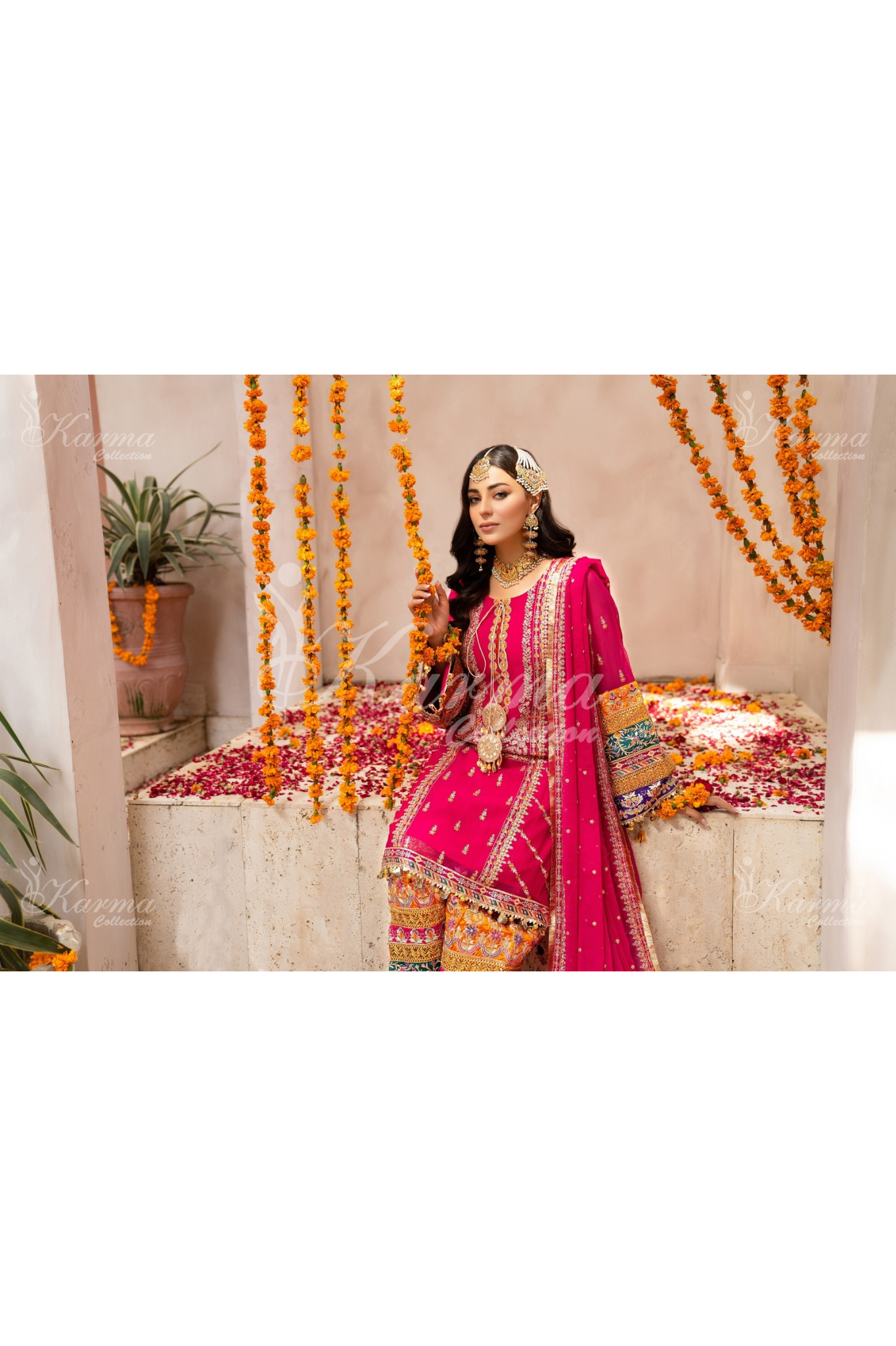 Shocking Pink Embroidered Chiffon 3 Pc Shalwar Plazo | Wedding Wear | Karma Collection