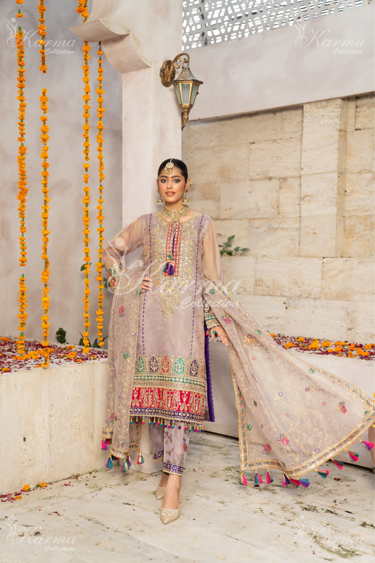 (Thistle Purple) 3 Pc Embroidered Masoori Cotton Net Shalwar Kameez | Party Wear Dress |by Karma Collection
