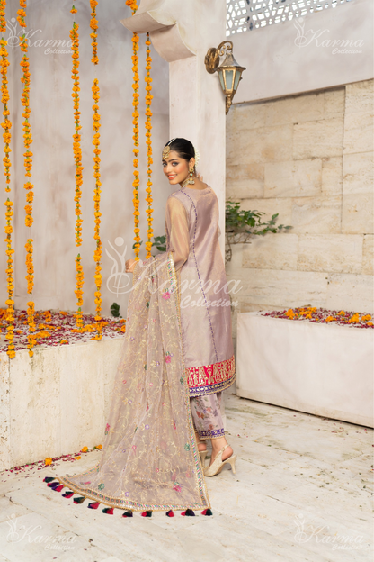 (Thistle Purple) 3 Pc Embroidered Masoori Cotton Net Shalwar Kameez | Party Wear Dress |by Karma Collection