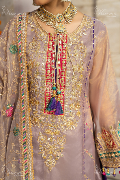 (Thistle Purple) 3 Pc Embroidered Masoori Cotton Net Shalwar Kameez | Party Wear Dress |by Karma Collection