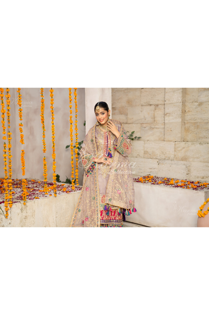 (Thistle Purple) 3 Pc Embroidered Masoori Cotton Net Shalwar Kameez | Party Wear Dress |by Karma Collection