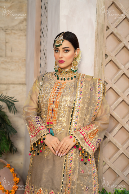 (Fawn) 3 Pc Embroidered Masoori Cotton Net Shalwar Kameez | Party Wear Dress |by Karma Collection