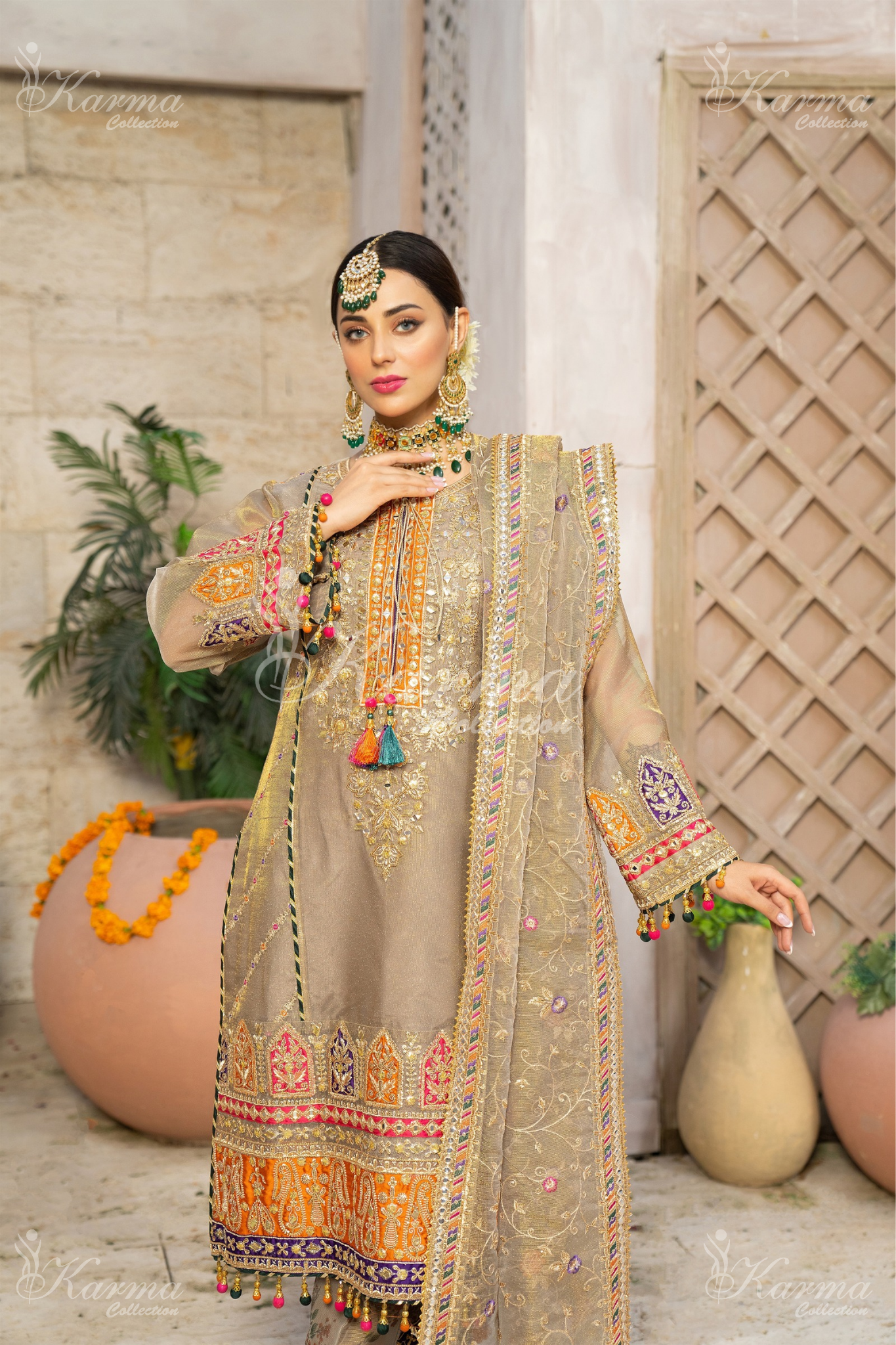 (Fawn) 3 Pc Embroidered Masoori Cotton Net Shalwar Kameez | Party Wear Dress |by Karma Collection