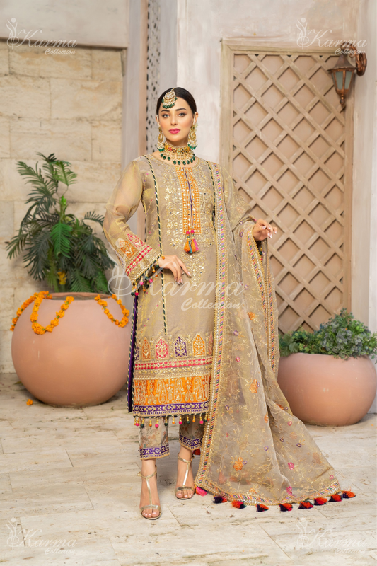 (Fawn) 3 Pc Embroidered Masoori Cotton Net Shalwar Kameez | Party Wear Dress |by Karma Collection