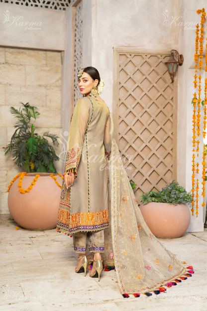 (Fawn) 3 Pc Embroidered Masoori Cotton Net Shalwar Kameez | Party Wear Dress |by Karma Collection