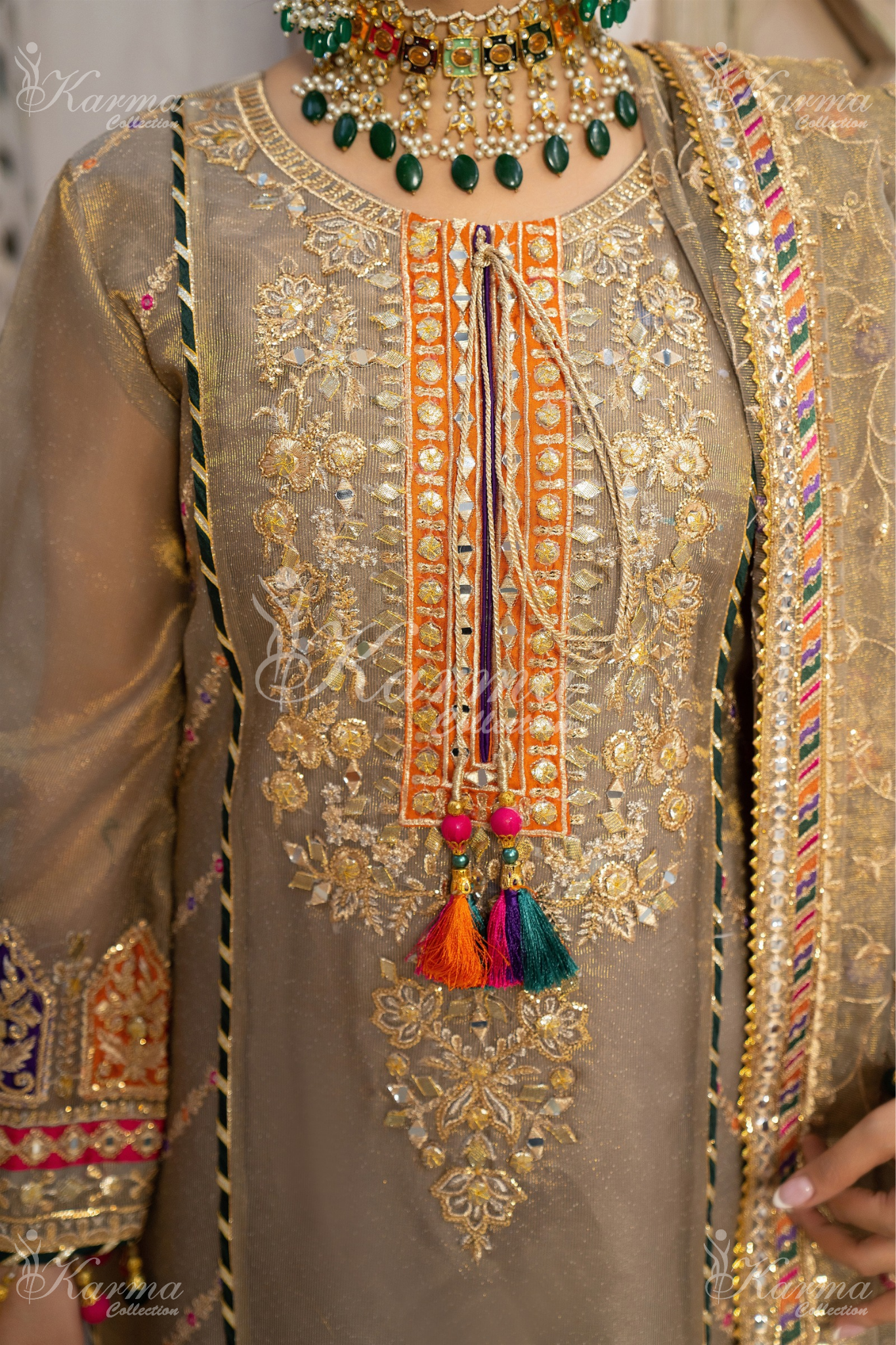 (Fawn) 3 Pc Embroidered Masoori Cotton Net Shalwar Kameez | Party Wear Dress |by Karma Collection