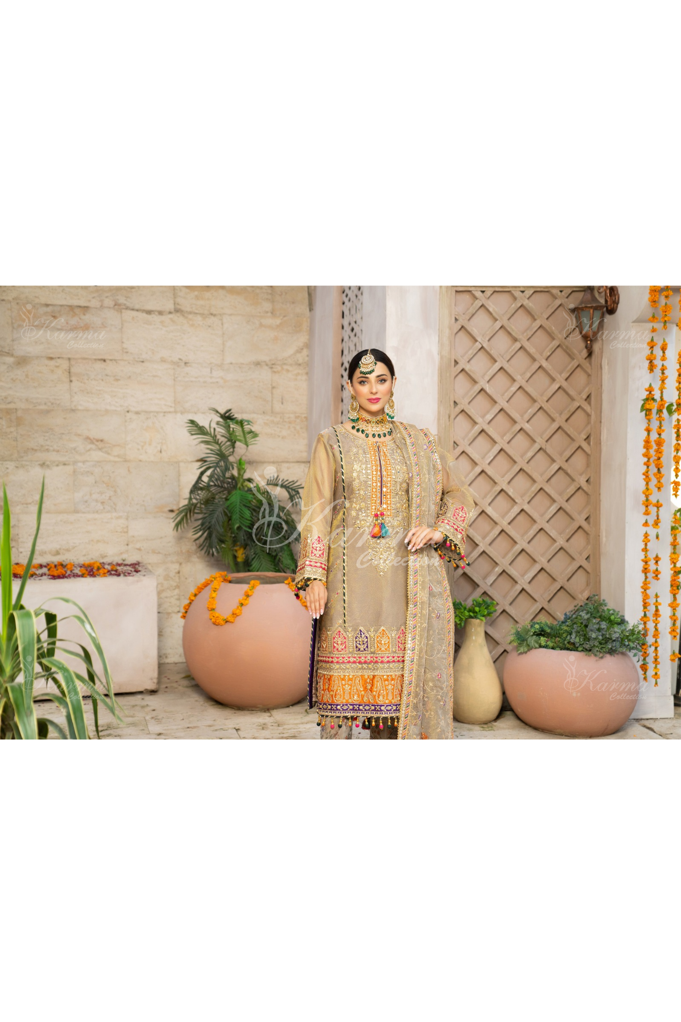 (Fawn) 3 Pc Embroidered Masoori Cotton Net Shalwar Kameez | Party Wear Dress |by Karma Collection