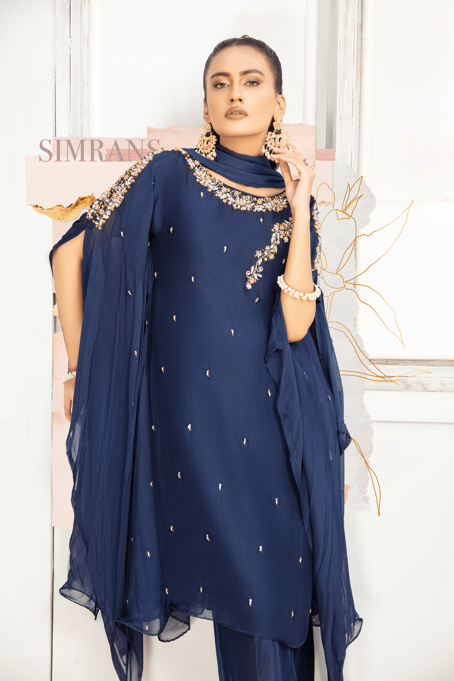 (Navy Blue) SIMRANS ‘FUSION GLAM’ | Chiffon 3PC Ready To Wear