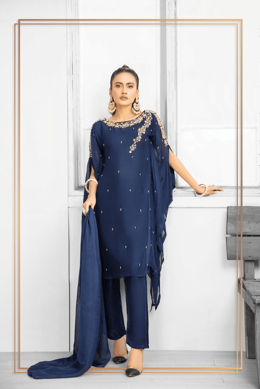 (Navy Blue) SIMRANS ‘FUSION GLAM’ | Chiffon 3PC Ready To Wear