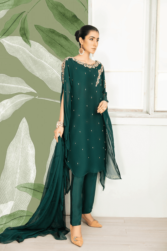 (Bottle Green) SIMRANS ‘FUSION GLAM’ | Chiffon 3PC Ready To Wear