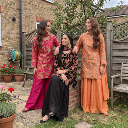 UA-244 Trendy Indian Armani Silk 3 Piece Suit by Umnaa | Embroidered Kameez with Shamoos Silk Bengali Shararah & Chiffon Dupatta | Festive & Party Wear