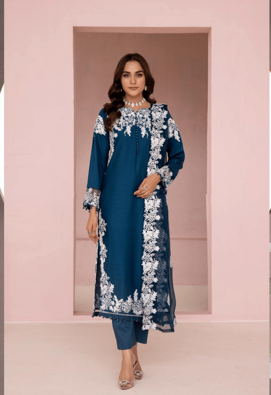(Blue) Embroidered Soft Linen 3 Pc "Glam" Dress by Simrans