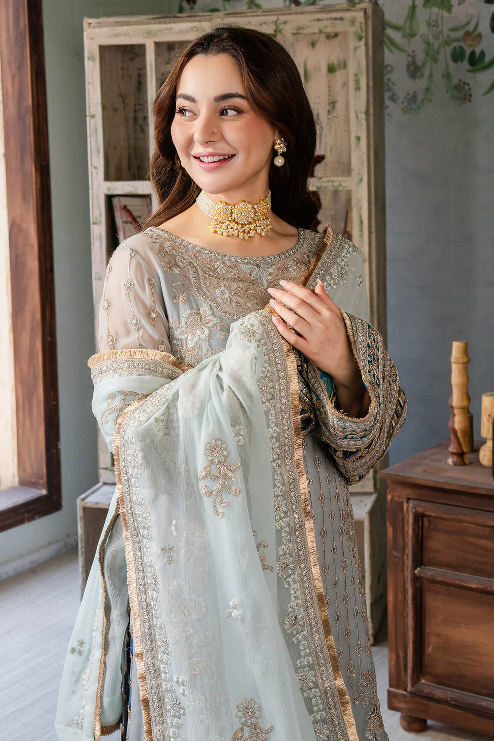 Ice Grey & Tame Teal | Embroidered Chiffon | Luxury Pret | 3 Pc | Ready to Wear | IMROZIA