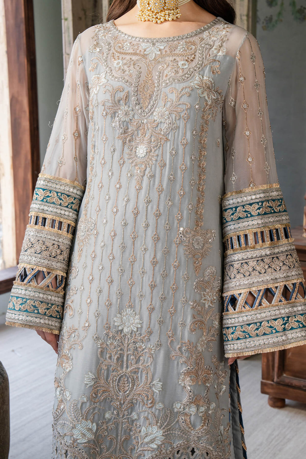 Ice Grey & Tame Teal | Embroidered Chiffon | Luxury Pret | 3 Pc | Ready to Wear | IMROZIA