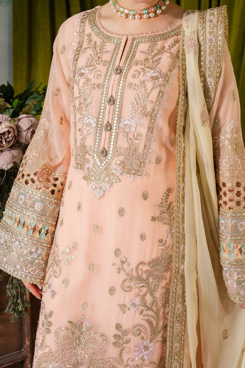 Peach & Cream | Embroidered Chiffon | Luxury Pret | 3 Pc | Ready to Wear | IMROZIA
