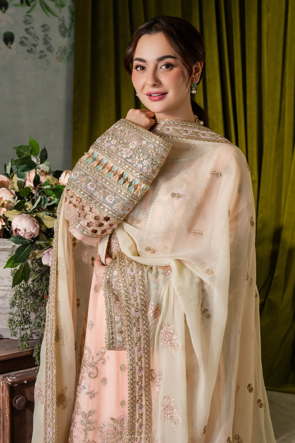 Peach & Cream | Embroidered Chiffon | Luxury Pret | 3 Pc | Ready to Wear | IMROZIA