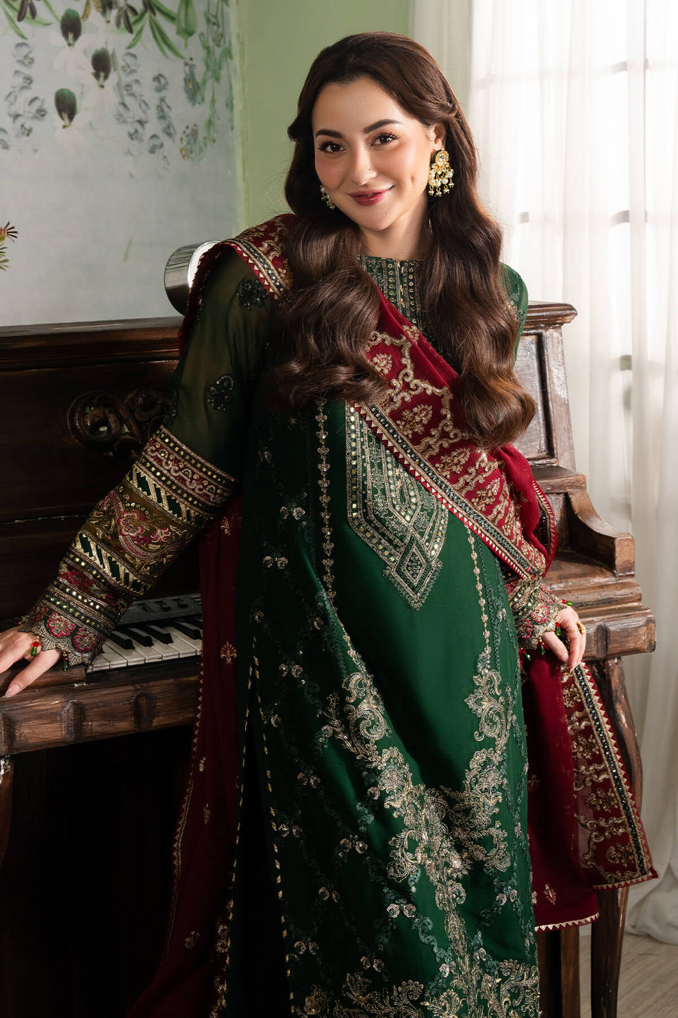 Dark Green & Red | Embroidered Chiffon | Luxury Pret | 3 Pc | Ready to Wear | IMROZIA