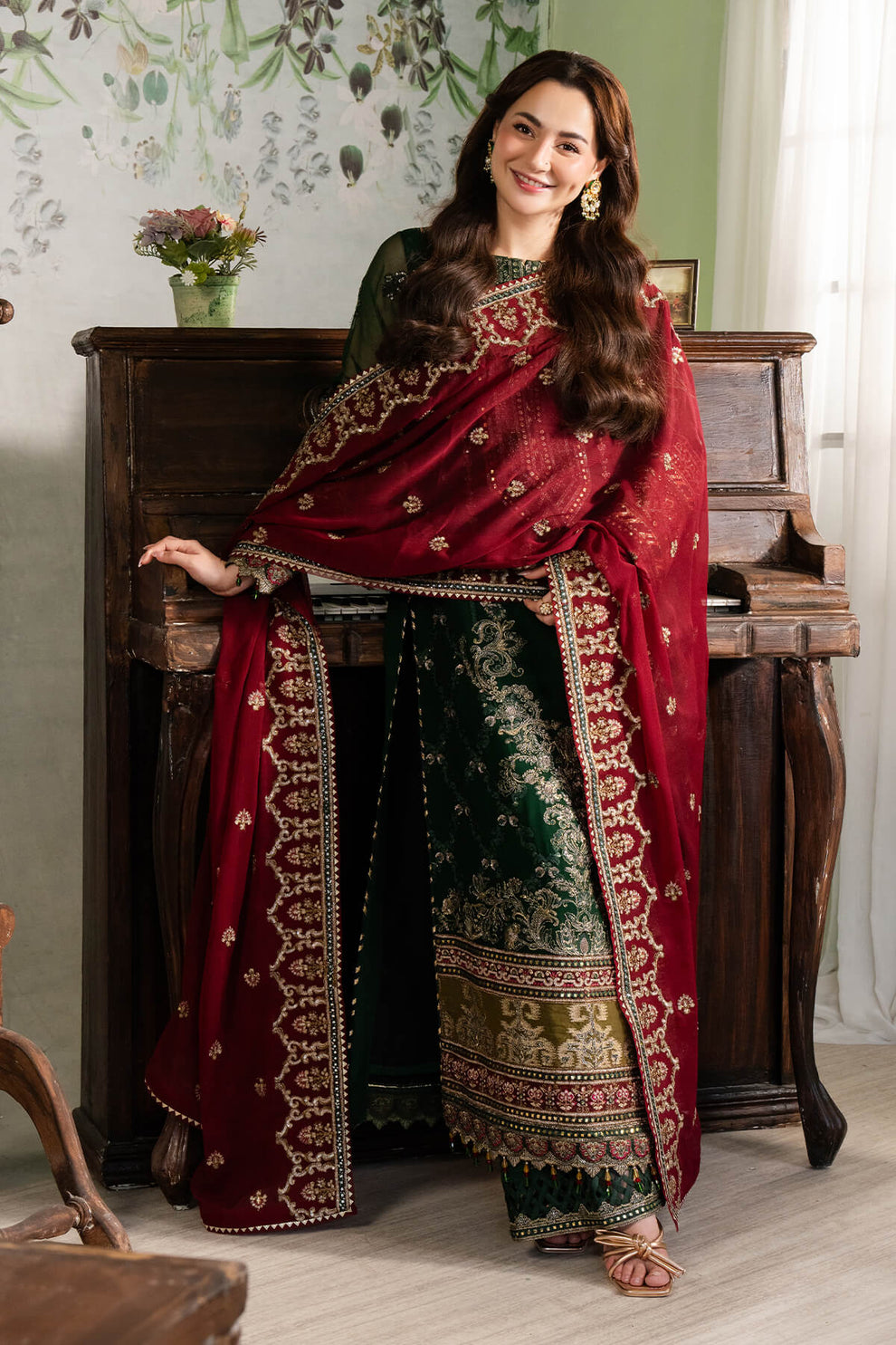 Dark Green & Red | Embroidered Chiffon | Luxury Pret | 3 Pc | Ready to Wear | IMROZIA