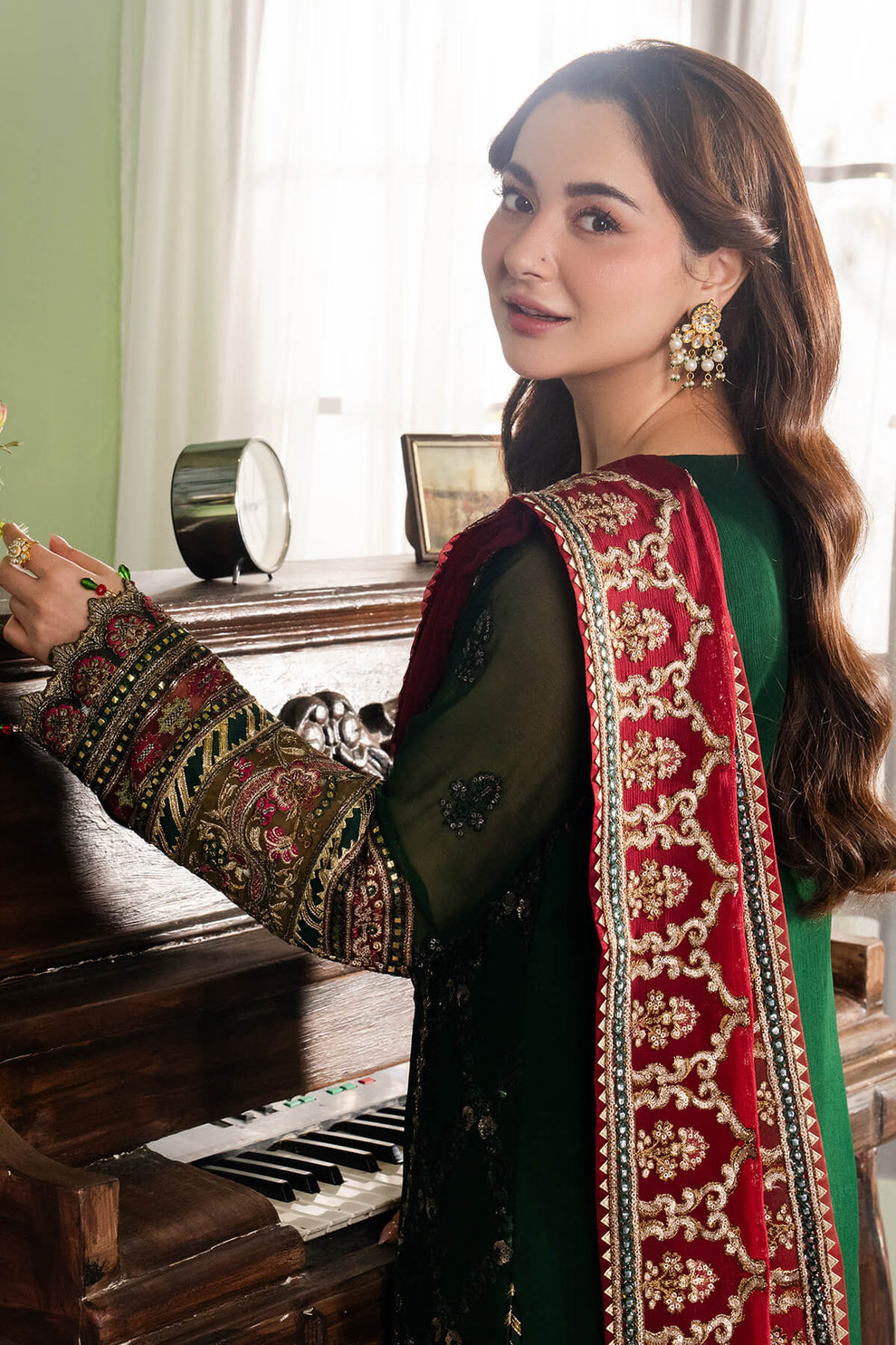 Dark Green & Red | Embroidered Chiffon | Luxury Pret | 3 Pc | Ready to Wear | IMROZIA