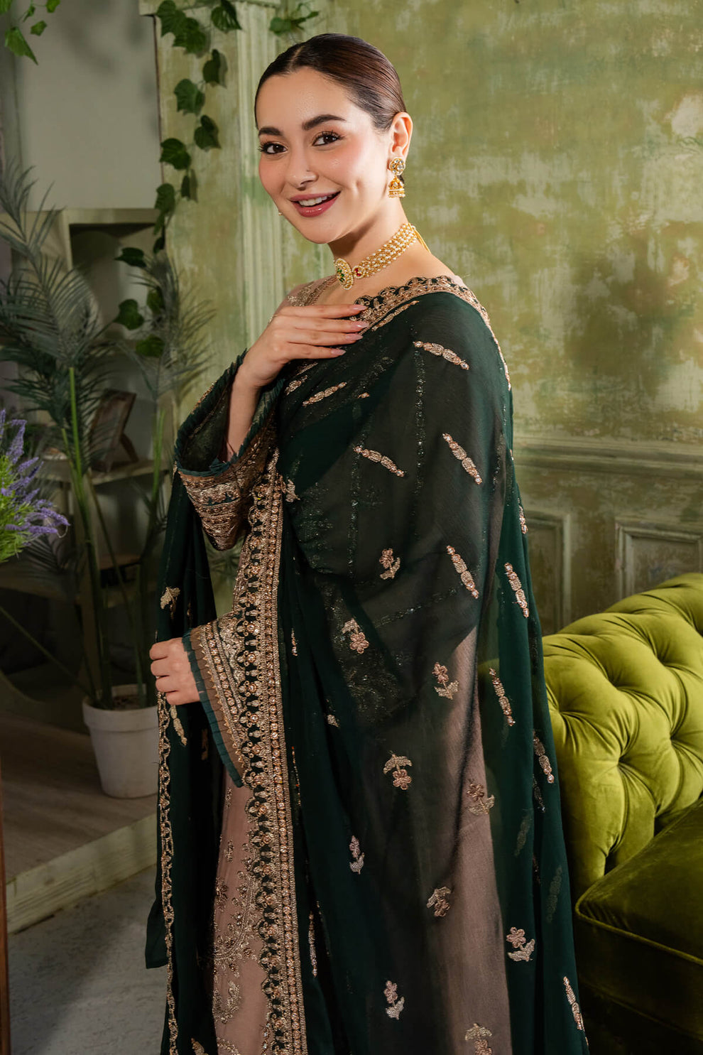 Pinkish Brown & Green | Embroidered Chiffon | Luxury Pret | 3 Pc | Ready to Wear | IMROZIA