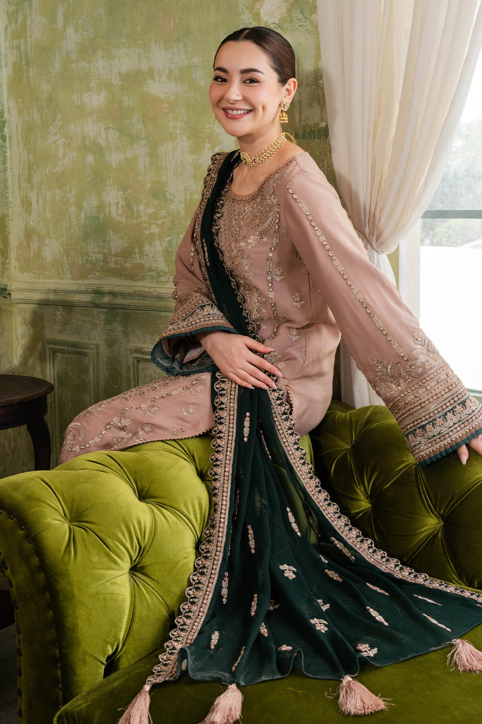 Pinkish Brown & Green | Embroidered Chiffon | Luxury Pret | 3 Pc | Ready to Wear | IMROZIA