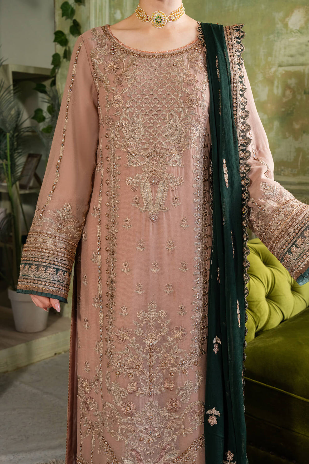 Pinkish Brown & Green | Embroidered Chiffon | Luxury Pret | 3 Pc | Ready to Wear | IMROZIA