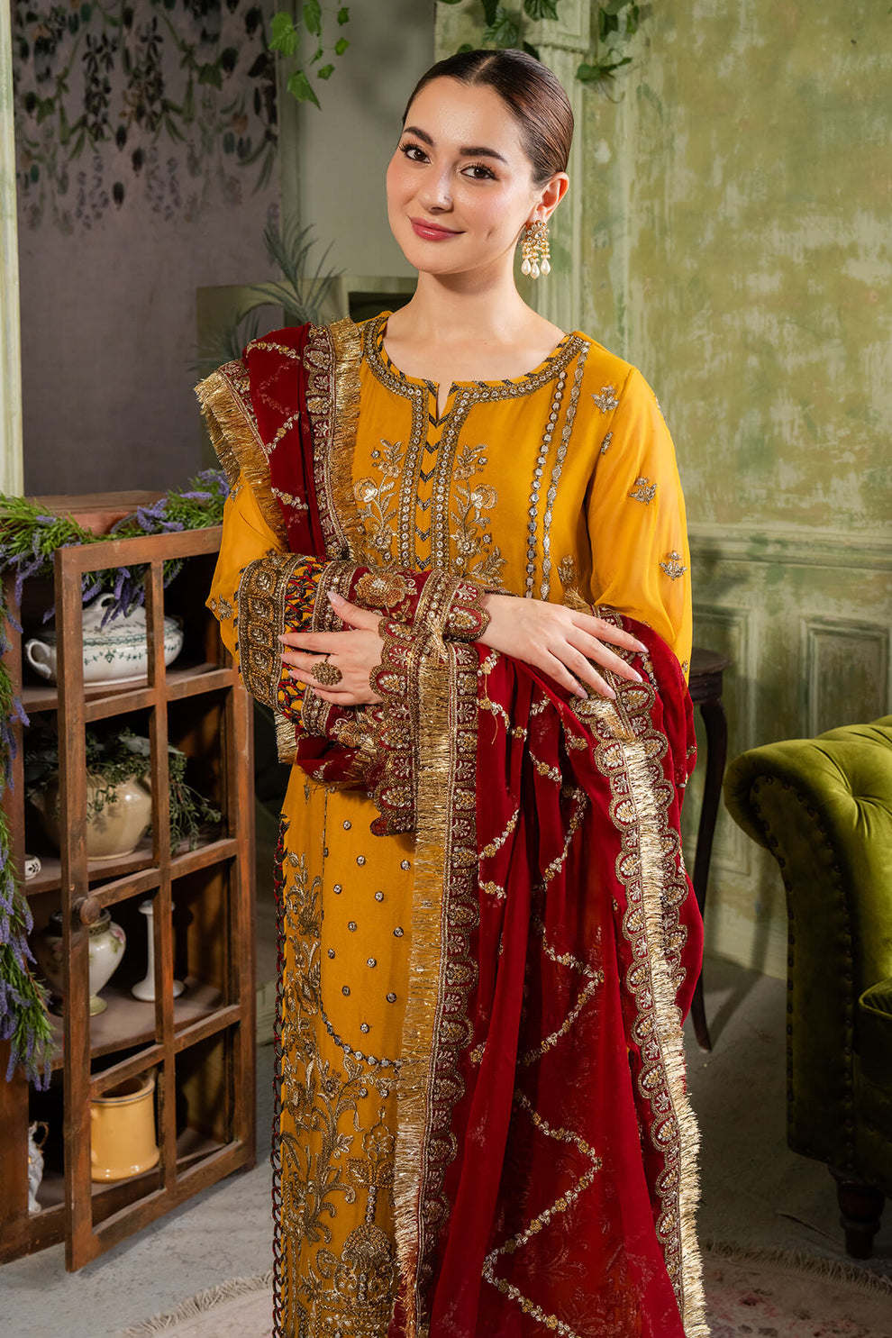 Yellowish Orange & Red | Embroidered Chiffon | Luxury Pret | 3 Pc | Ready to Wear | IMROZIA