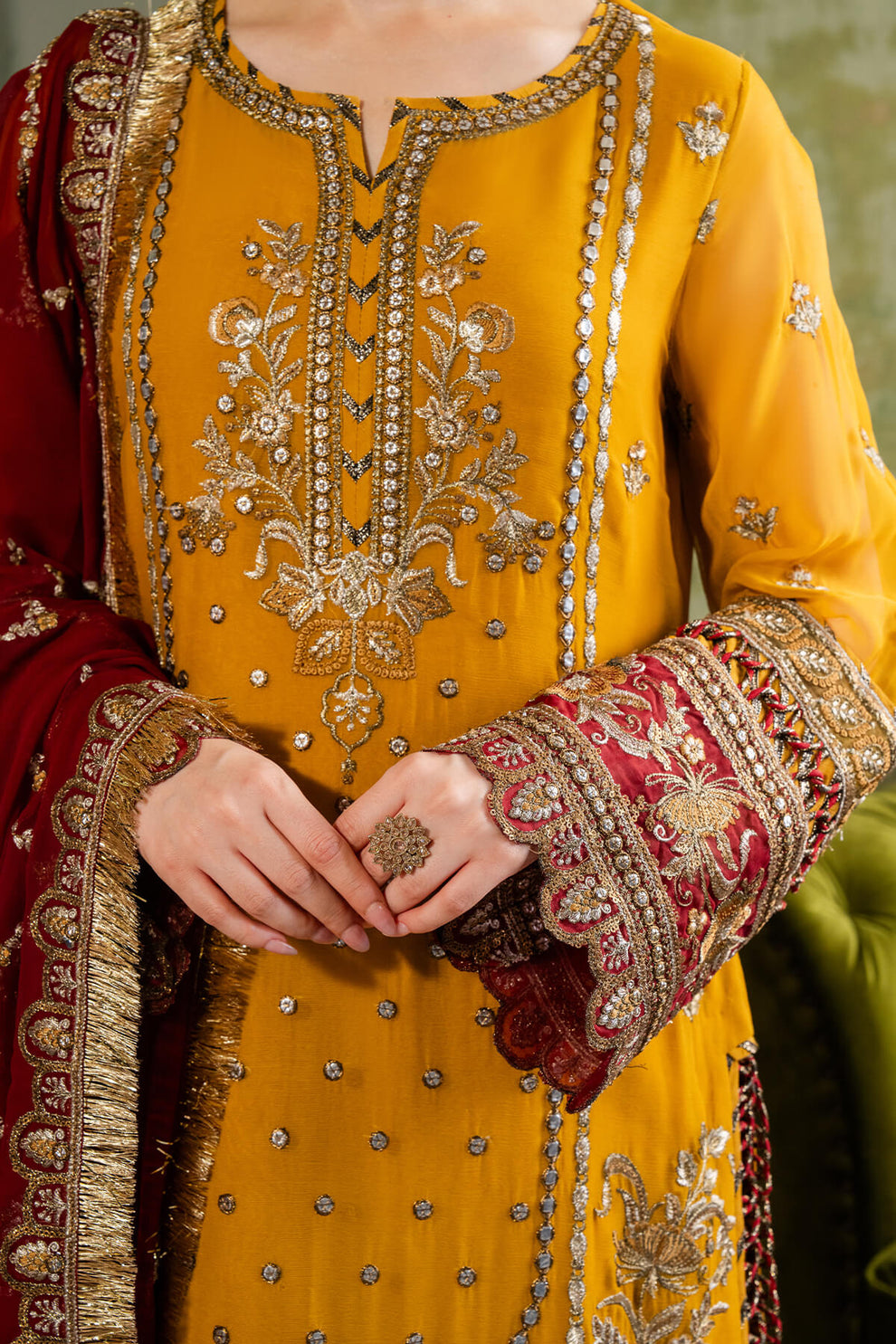 Yellowish Orange & Red | Embroidered Chiffon | Luxury Pret | 3 Pc | Ready to Wear | IMROZIA