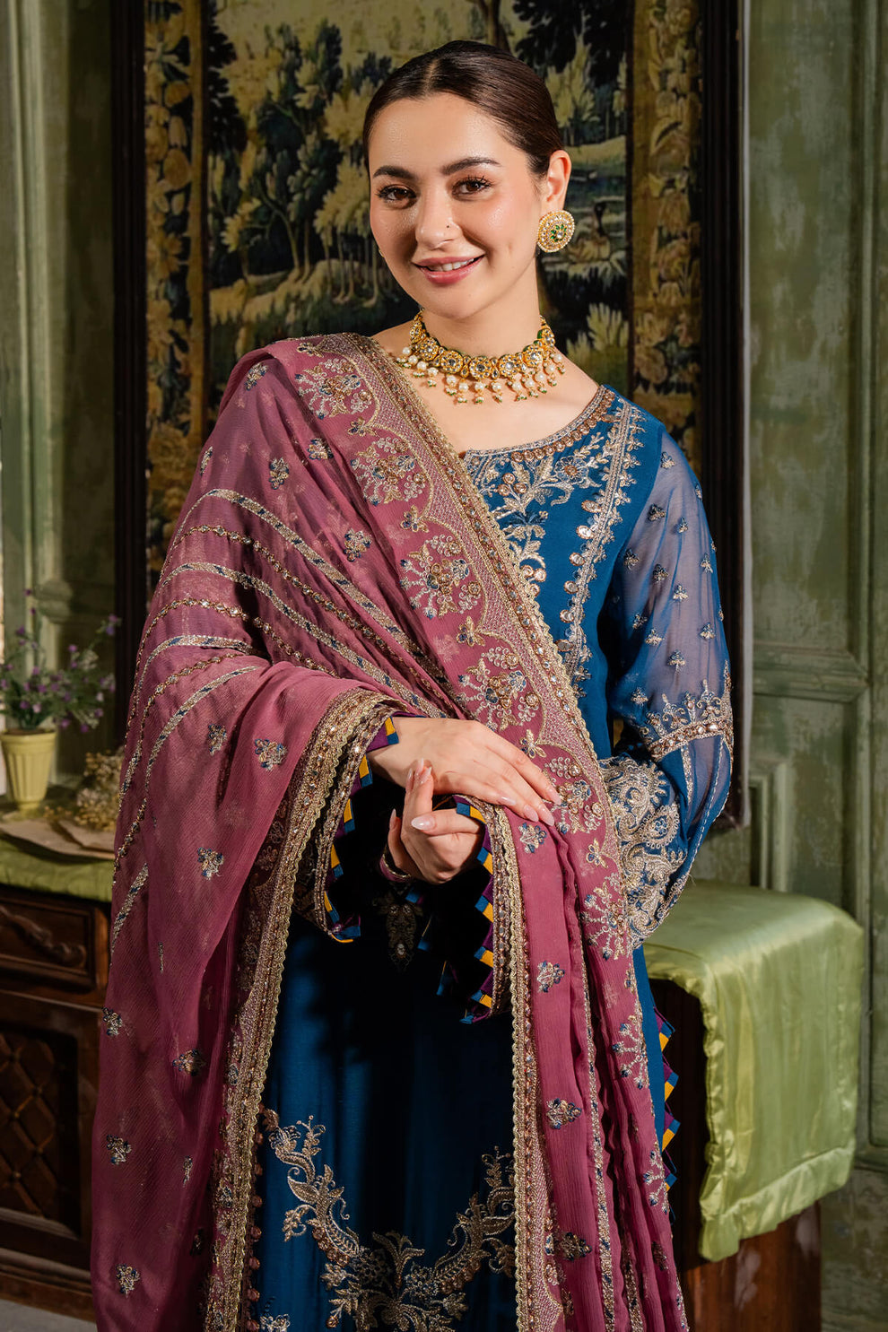 Blue & Dark Mauve | Embroidered Chiffon | Luxury Pret | 3 Pc | Ready to Wear | IMROZIA