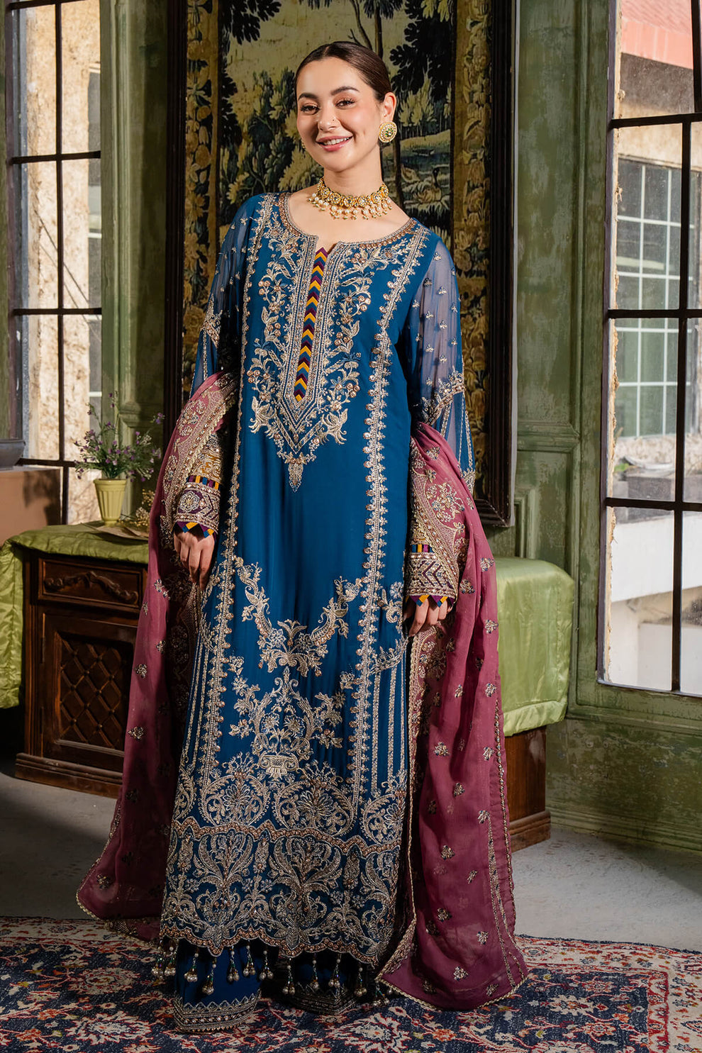 Blue & Dark Mauve | Embroidered Chiffon | Luxury Pret | 3 Pc | Ready to Wear | IMROZIA