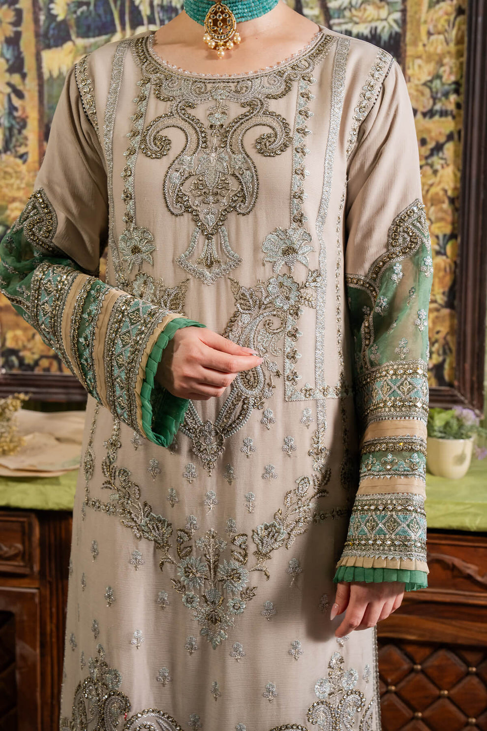 Cream & Mint | Embroidered Chiffon | Luxury Pret | 3 Pc | Ready to Wear | IMROZIA