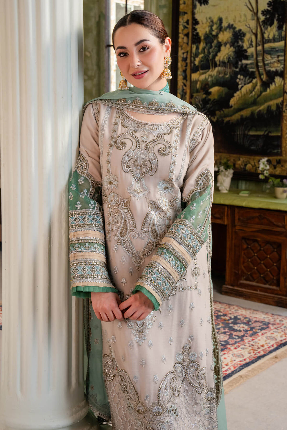 Cream & Mint | Embroidered Chiffon | Luxury Pret | 3 Pc | Ready to Wear | IMROZIA