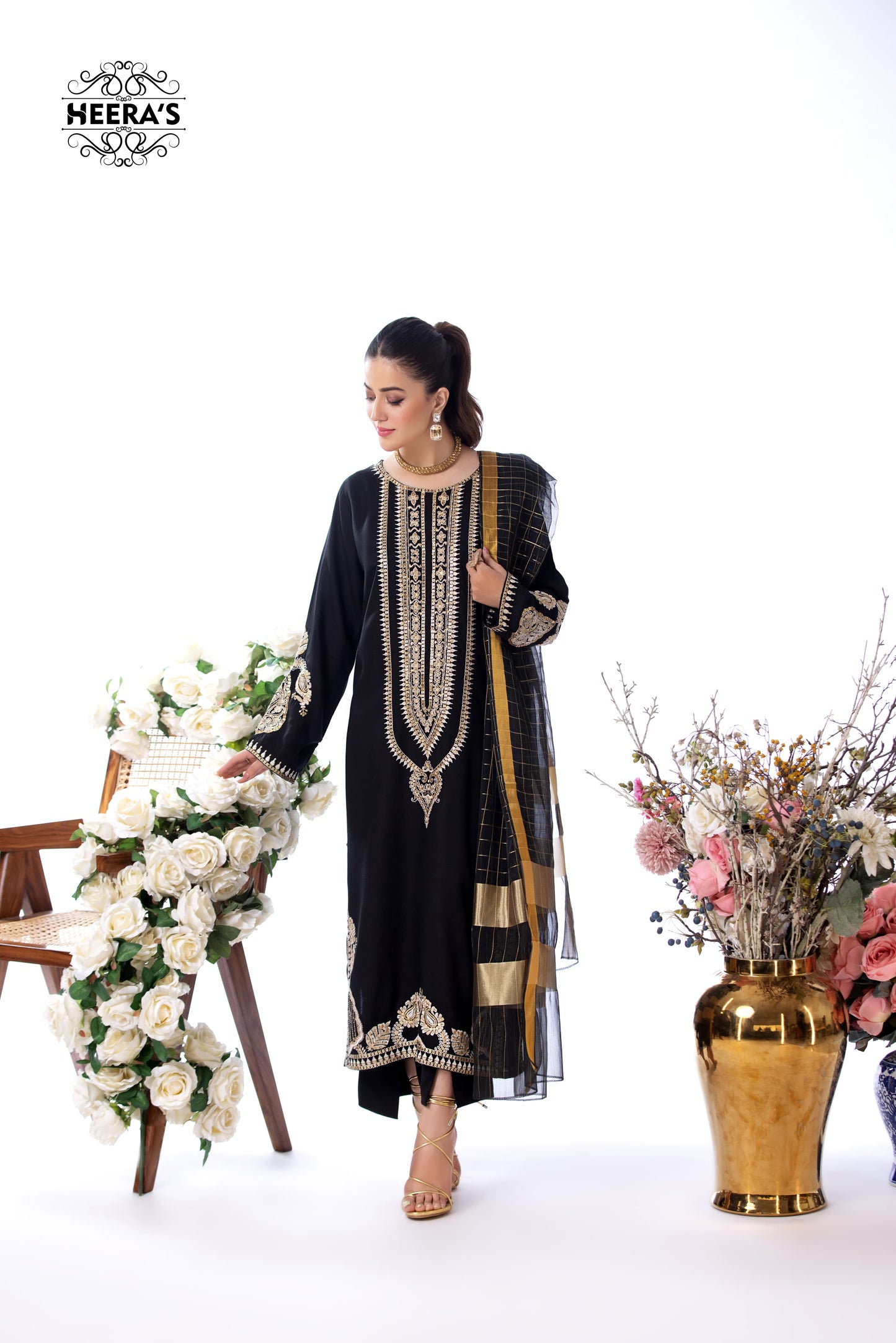 (Black S.N) 3 Pc Embroidered Cambric Cotton Suit-Heera's
