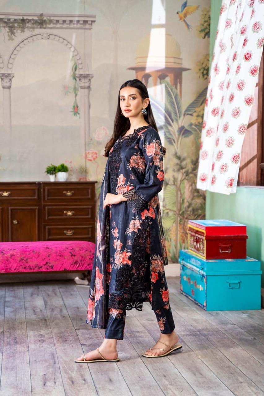 (Black) Embroidered 3 Pc Lawn Dress-Raniya.h