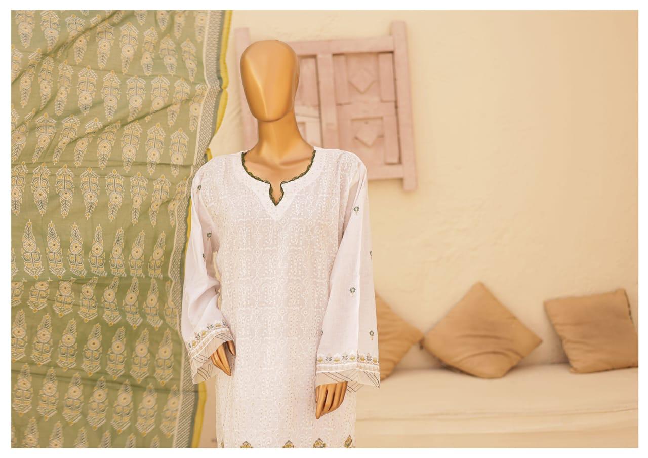 (White with Green) Chikenkari Lawn 3 Pc-Naubahar