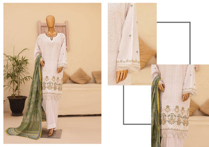(White with Green) Chikenkari Lawn 3 Pc-Naubahar