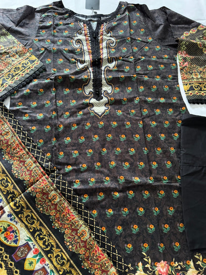 Black 3 Pc Ready to wear Printed Lawn Dress - Saphron