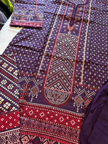 Purple 3 Pc Ready to wear Printed Lawn Dress - Saphron