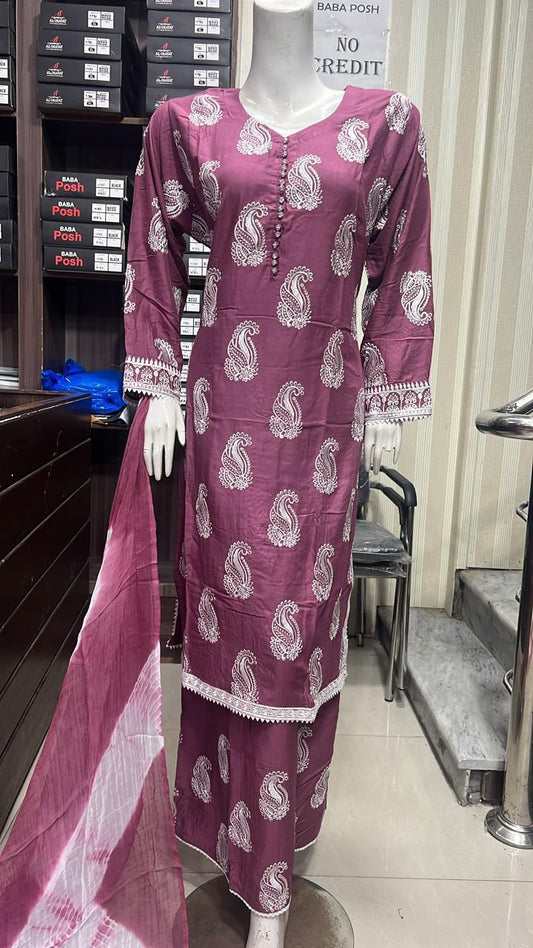 Embroidered Linen Plazo Kameez Dress & Chiffon Dupatta UMNAA