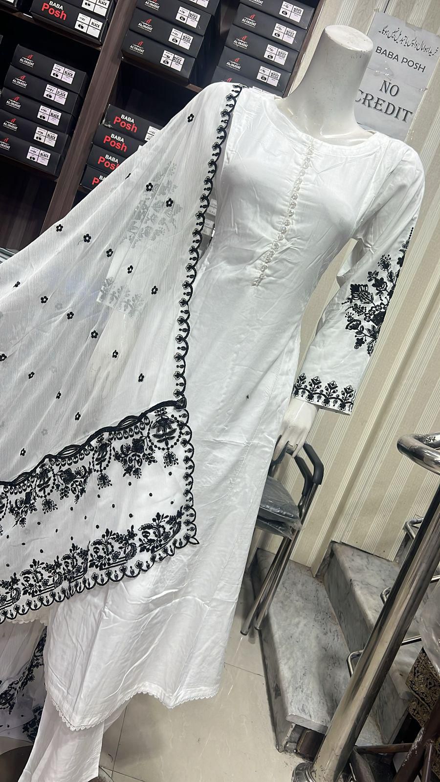 Embroidered Linen Long Frock Dress with Heavy Embroidered Chiffon Dupatta (UMNAA)