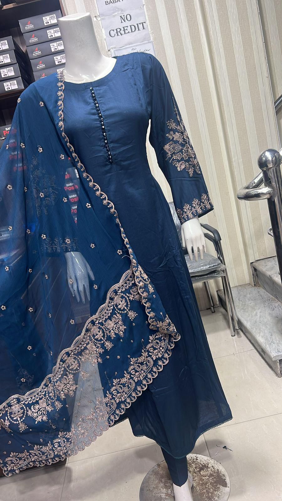 Embroidered Linen Long Frock Dress with Heavy Embroidered Chiffon Dupatta (UMNAA)