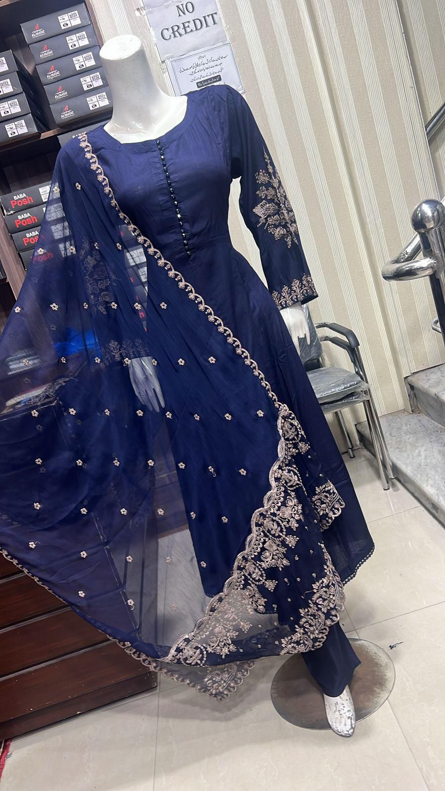 Embroidered Linen Long Frock Dress with Heavy Embroidered Chiffon Dupatta (UMNAA)
